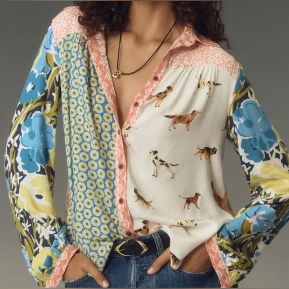 Anthropologie Maeve The Paz Button down dog, hound print floral blouse